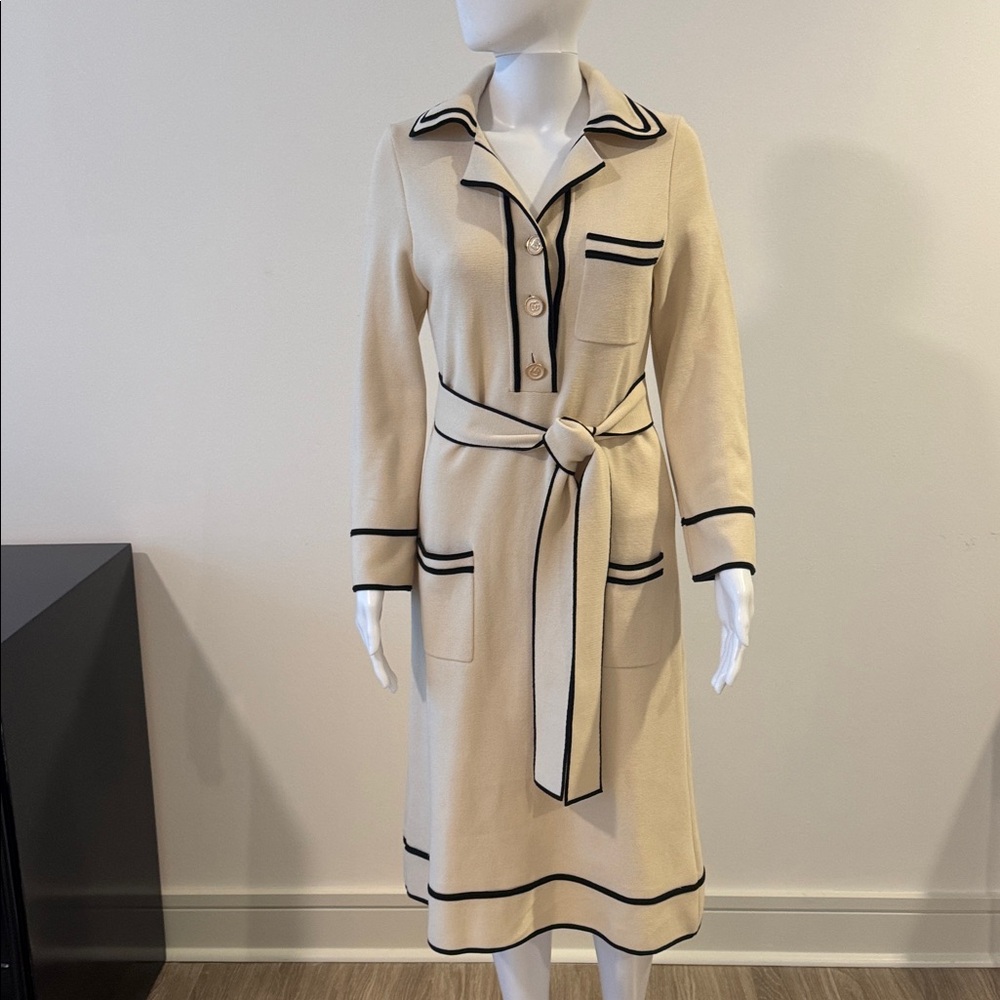 Gucci Cream Belted Knit Midi Dress with Black Trim GG buttons